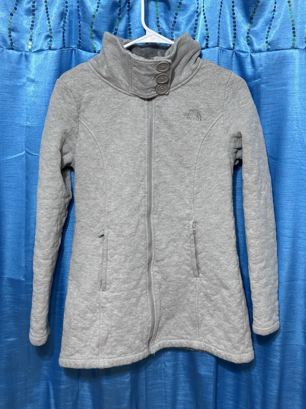 The North Face Gray Quilted Fleece Lined Full Zip Jacket Coat Button Mock Neck M